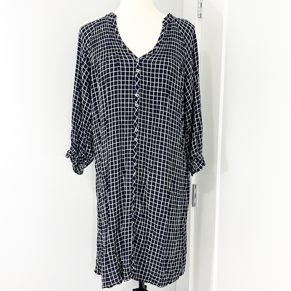Anthropologie Maeve Medium Blue and White Windowpane Pattern Button Dress